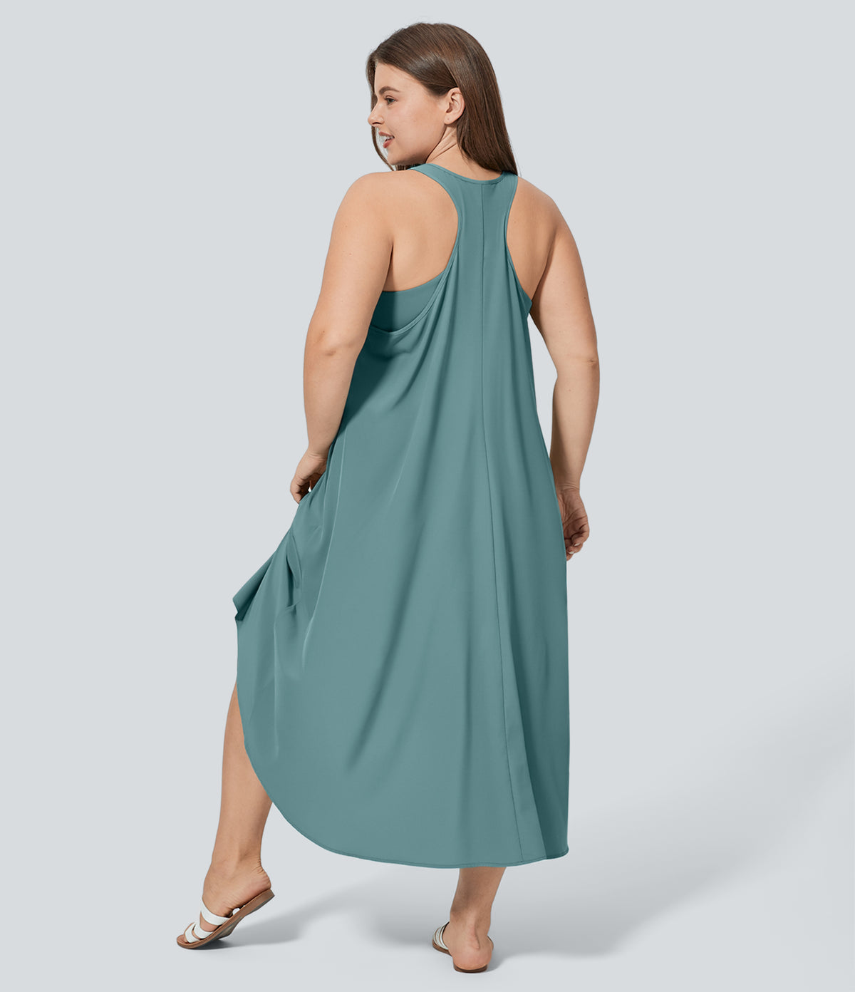 Backless Racerback Side Pocket High Low Flowy Midi Quick Dry Casual Plus Size Dress — Stone Blue — view 2