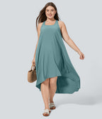 Backless Racerback Side Pocket High Low Flowy Midi Quick Dry Casual Plus Size Dress — Stone Blue — view 8