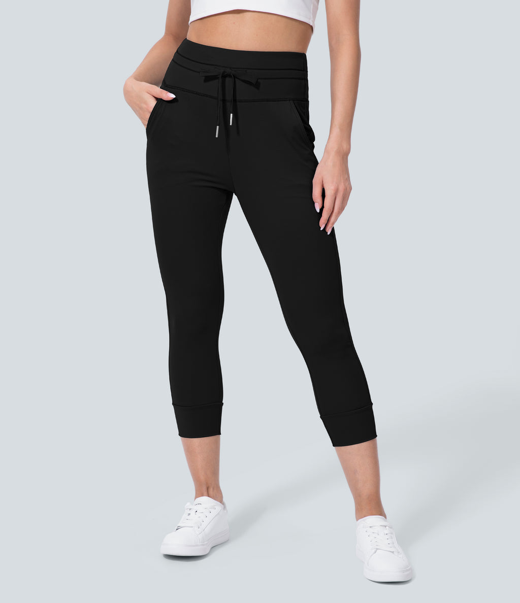 Plush High Waisted Drawstring Side Pocket Plain Capri Yoga Joggers — Black — view 9