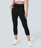 Plush High Waisted Drawstring Side Pocket Plain Capri Yoga Joggers — Black — view 9