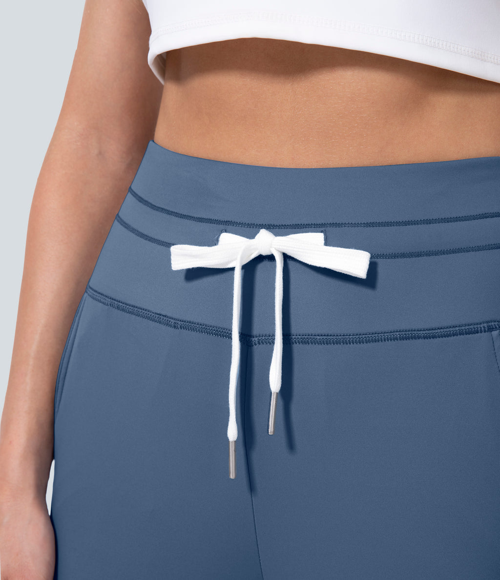 Plush High Waisted Drawstring Side Pocket Plain Capri Yoga Joggers — Grey Blue — view 5