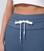 Plush High Waisted Drawstring Side Pocket Plain Capri Yoga Joggers — Grey Blue — view 5