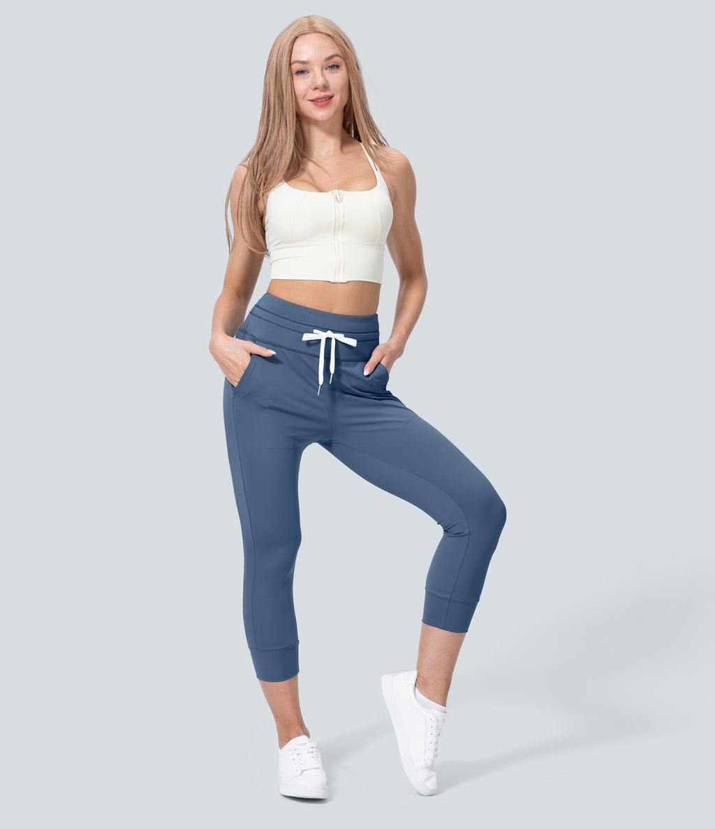 Plush High Waisted Drawstring Side Pocket Plain Capri Yoga Joggers — Grey Blue — view 8