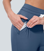 Plush High Waisted Drawstring Side Pocket Plain Capri Yoga Joggers — Grey Blue — view 4