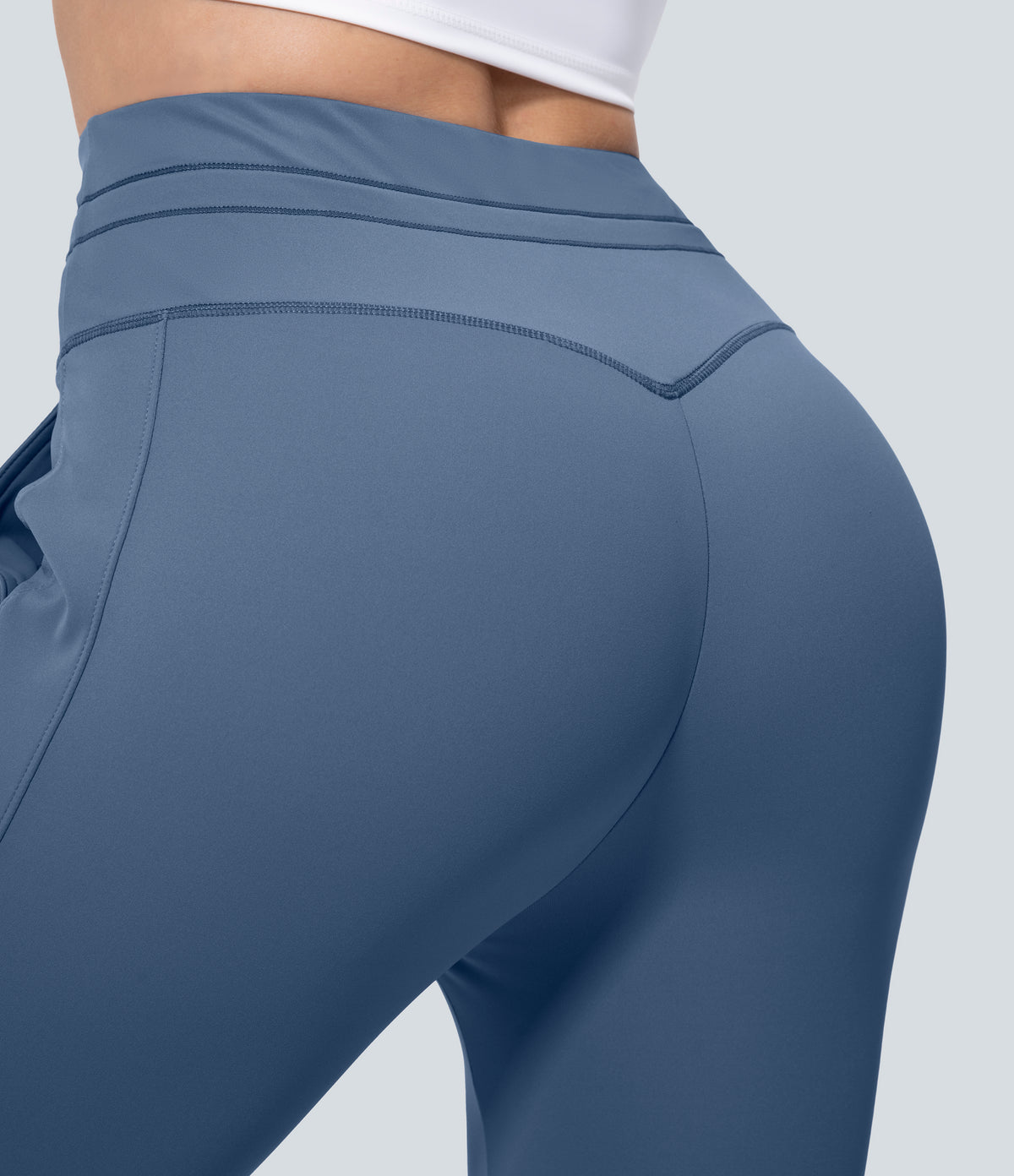 Plush High Waisted Drawstring Side Pocket Plain Capri Yoga Joggers — Grey Blue — view 7