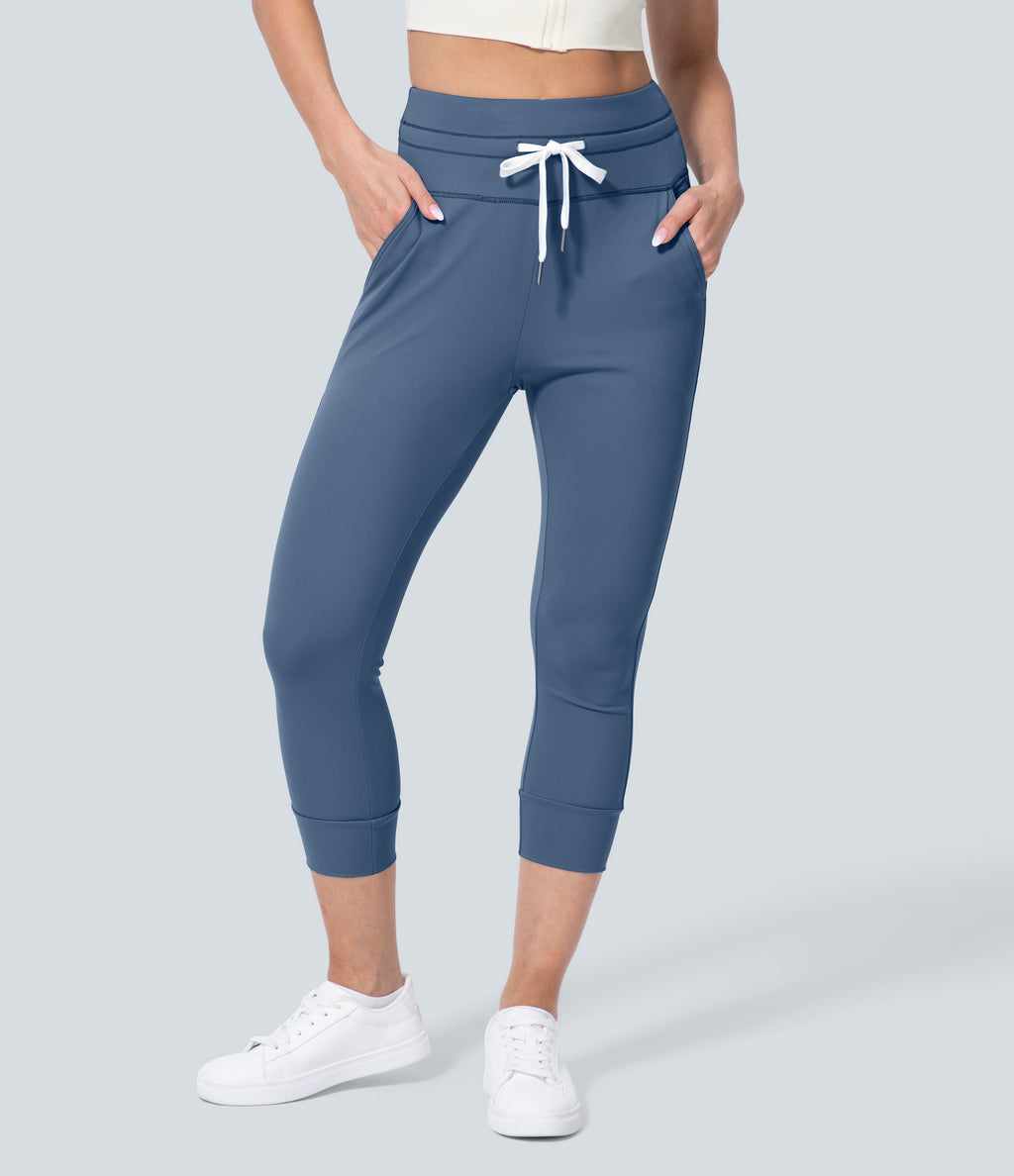 Plush High Waisted Drawstring Side Pocket Plain Capri Yoga Joggers — Grey Blue — view 2