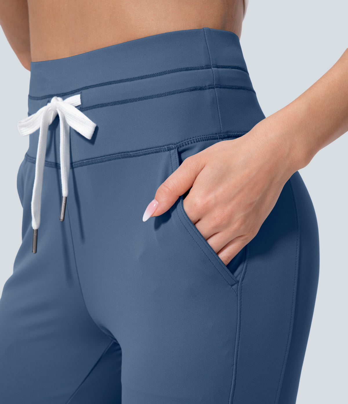 Plush High Waisted Drawstring Side Pocket Plain Capri Yoga Joggers — Grey Blue — view 6