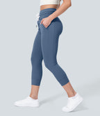 Plush High Waisted Drawstring Side Pocket Plain Capri Yoga Joggers — Grey Blue — view 3