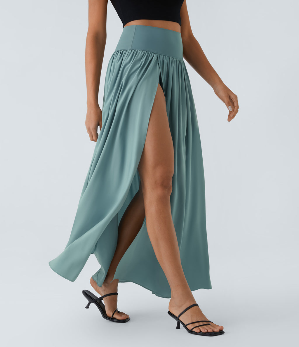 High Waisted Split 2-in-1 Flowy Quick Dry Maxi Casual Skort — Stone Blue — view 3