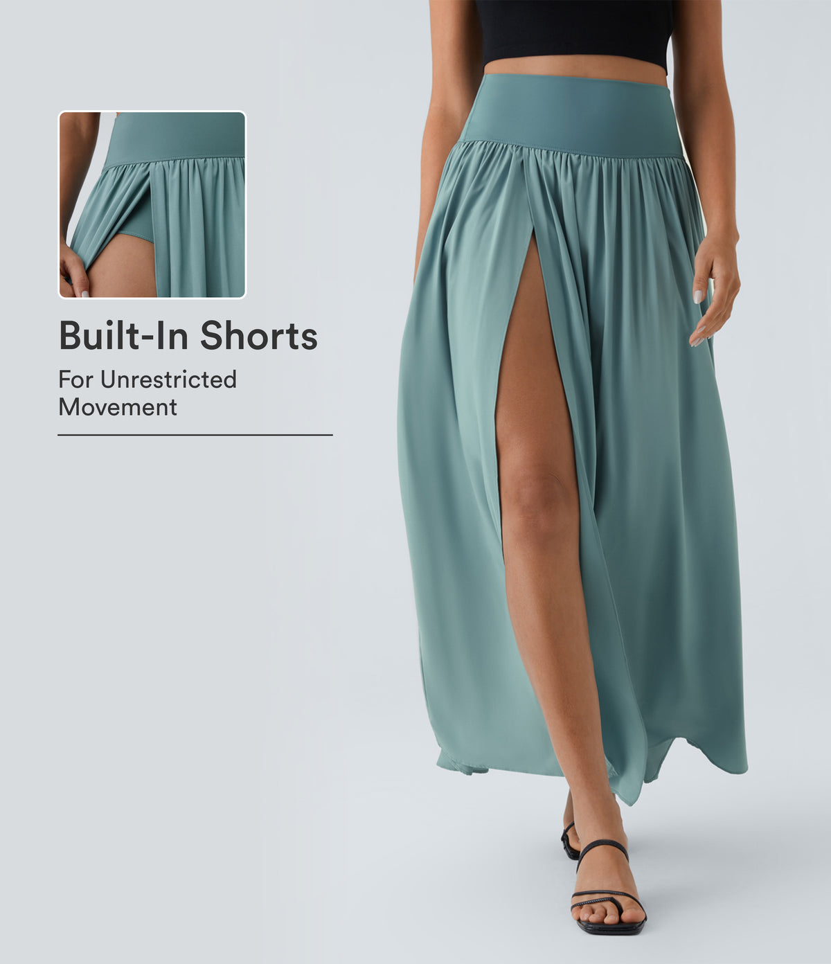 High Waisted Split 2-in-1 Flowy Quick Dry Maxi Casual Skort — Stone Blue — view 1
