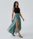 High Waisted Split 2-in-1 Flowy Quick Dry Maxi Casual Skort — Stone Blue — view 7
