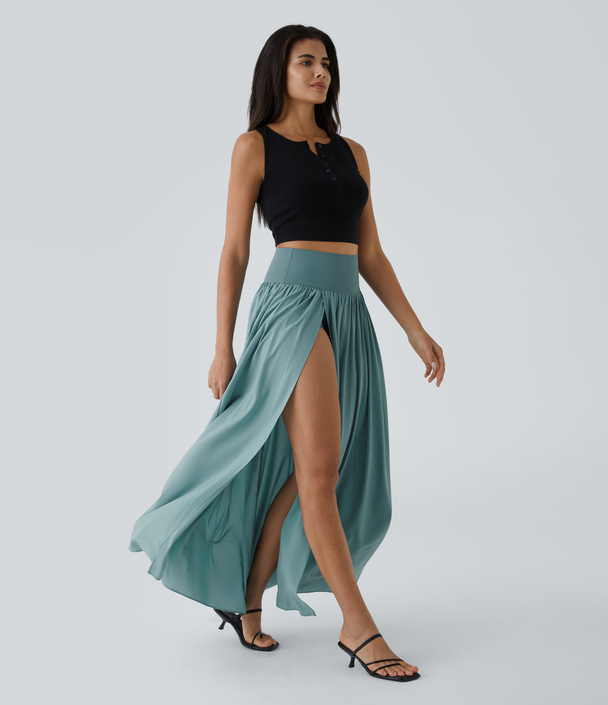 High Waisted Split 2-in-1 Flowy Quick Dry Maxi Casual Skort — Stone Blue — view 7