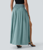 High Waisted Split 2-in-1 Flowy Quick Dry Maxi Casual Skort — Stone Blue — view 2
