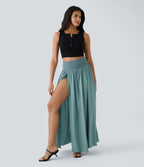High Waisted Split 2-in-1 Flowy Quick Dry Maxi Casual Skort — Stone Blue — view 8