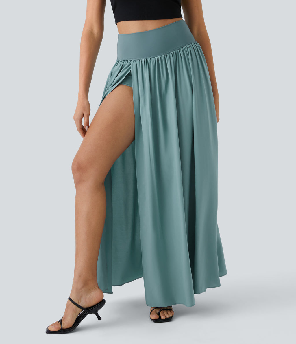 High Waisted Split 2-in-1 Flowy Quick Dry Maxi Casual Skort — Stone Blue — view 5