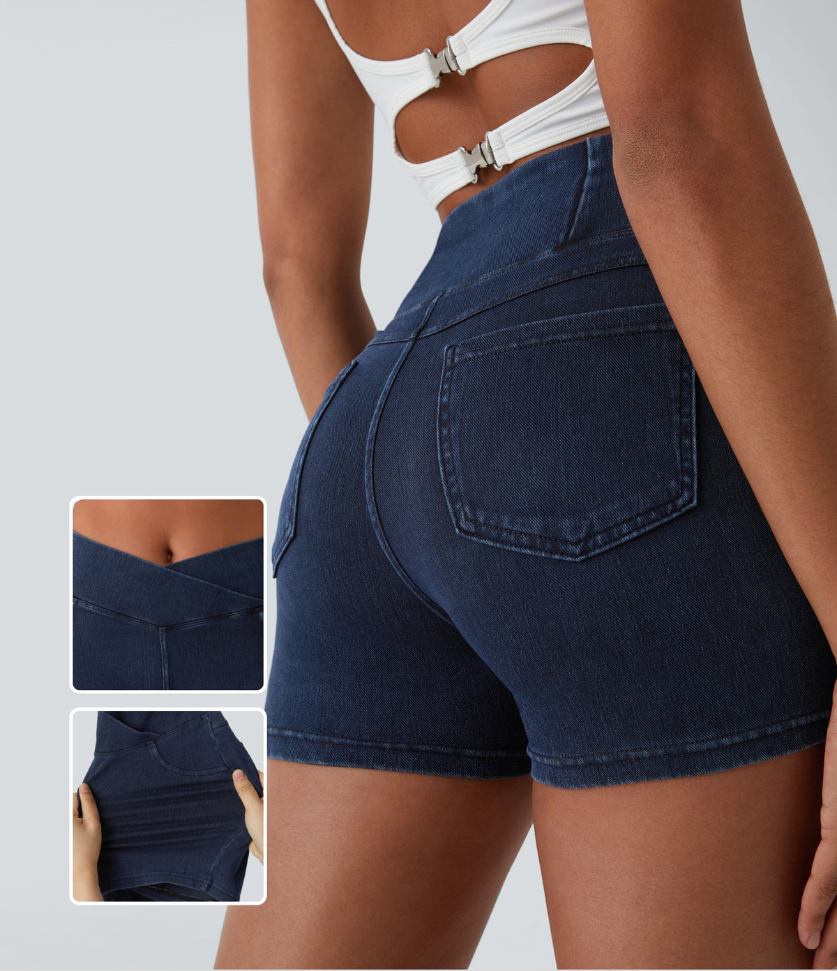 High Waisted Crossover Pocket Denim Casual Shorts 3" — Washed Denim Navy Blue — view 1
