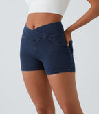 High Waisted Crossover Pocket Denim Casual Shorts 3" — Washed Denim Navy Blue — view 4