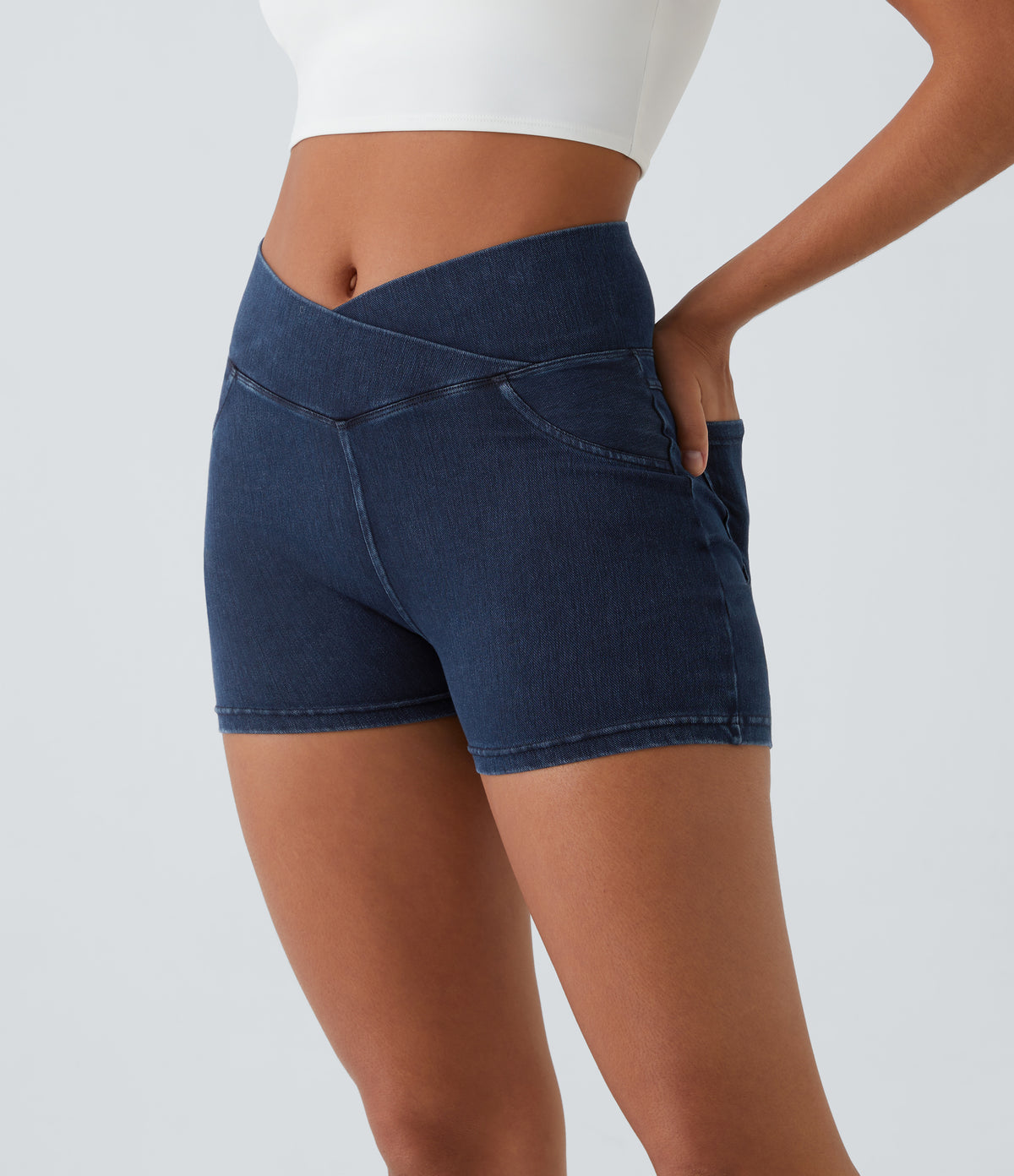High Waisted Crossover Pocket Denim Casual Shorts 3" — Washed Denim Navy Blue — view 4