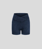 High Waisted Crossover Pocket Denim Casual Shorts 3" — Washed Denim Navy Blue — view 8