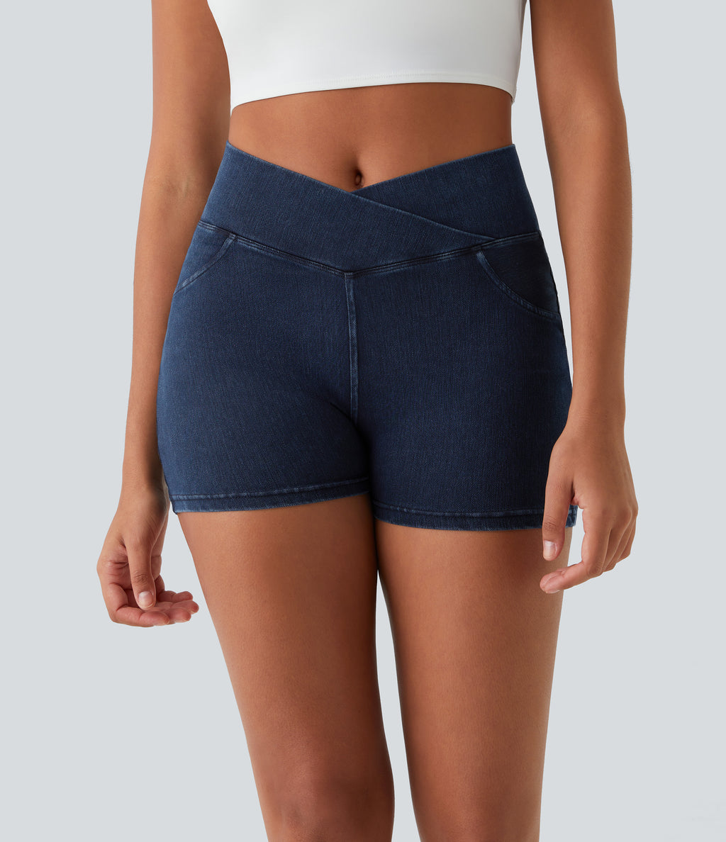 High Waisted Crossover Pocket Denim Casual Shorts 3" — Washed Denim Navy Blue — view 2