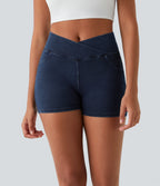 High Waisted Crossover Pocket Denim Casual Shorts 3" — Washed Denim Navy Blue — view 2