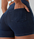 High Waisted Crossover Pocket Denim Casual Shorts 3" — Washed Denim Navy Blue — view 6