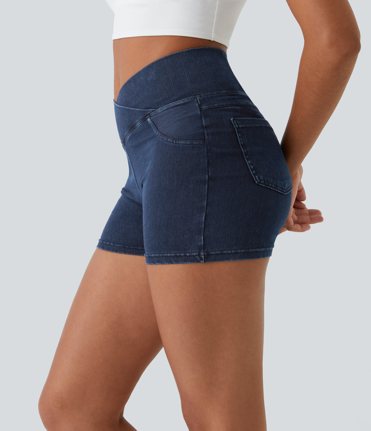 High Waisted Crossover Pocket Denim Casual Shorts 3" — Washed Denim Navy Blue — view 3