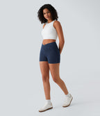 High Waisted Crossover Pocket Denim Casual Shorts 3" — Washed Denim Navy Blue — view 7
