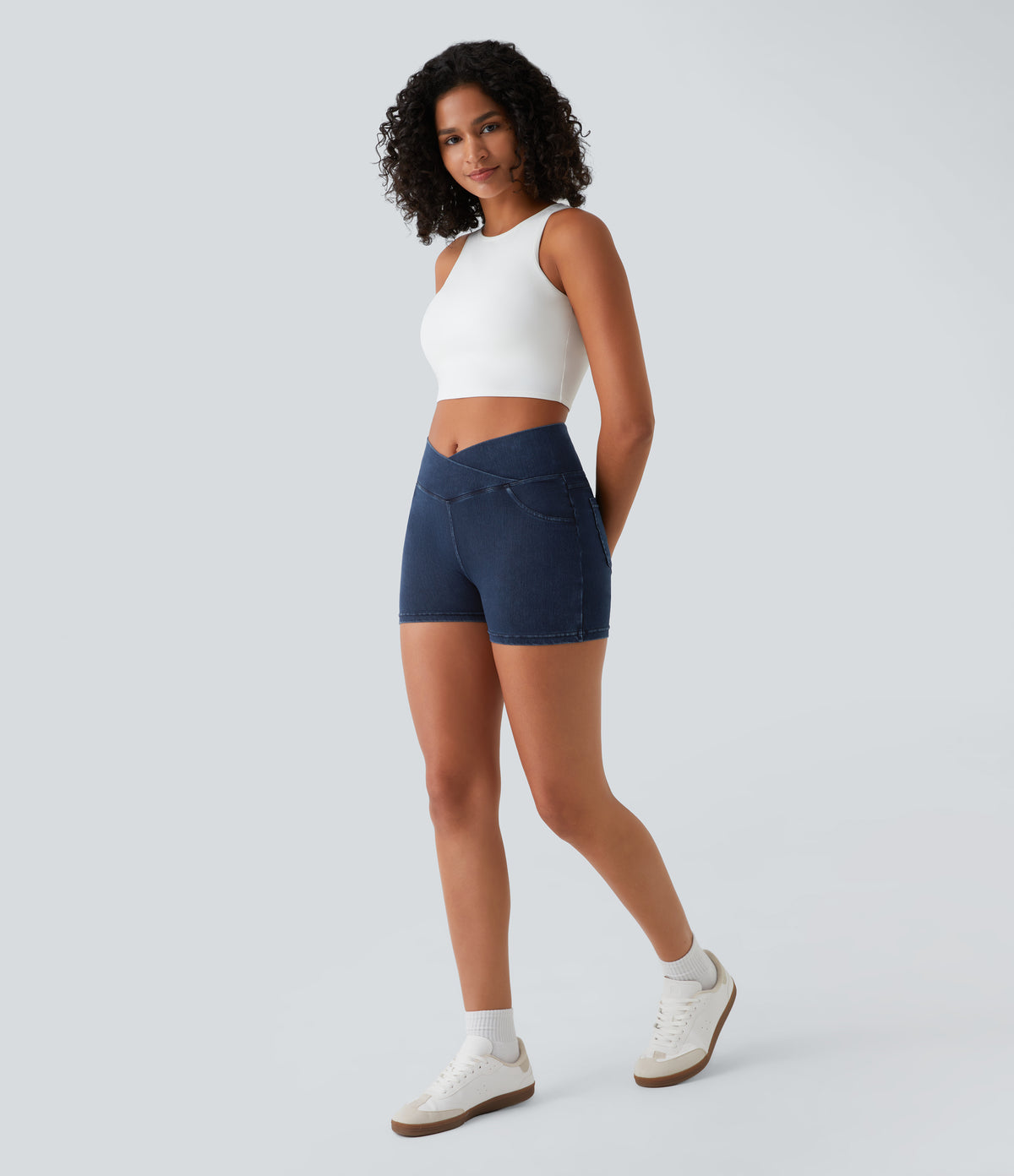 High Waisted Crossover Pocket Denim Casual Shorts 3" — Washed Denim Navy Blue — view 7