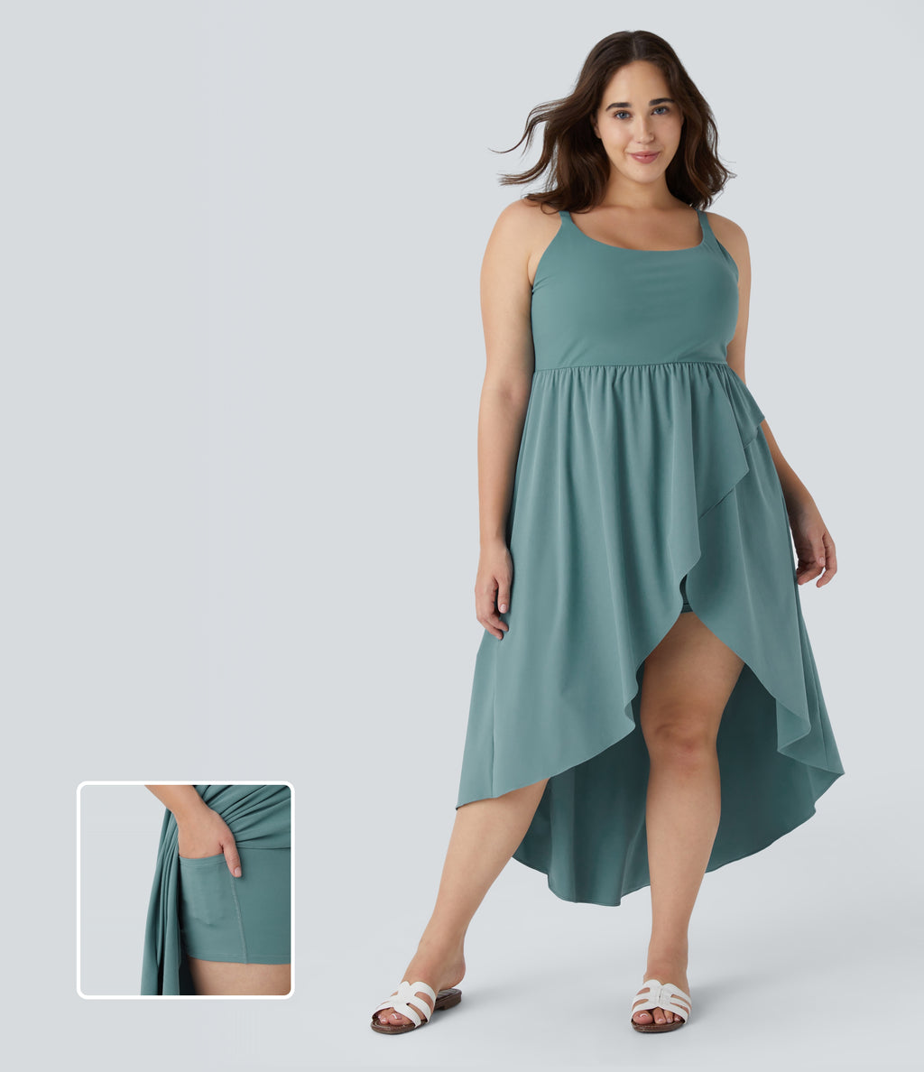 Backless Asymmetric Crossover Hem 2-Piece Side Pocket Flowy Midi Quick Dry Casual Plus Size Dress — Stone Blue — view 1
