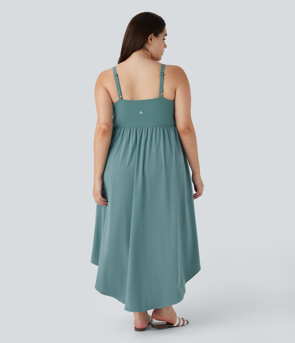 Backless Asymmetric Crossover Hem 2-Piece Side Pocket Flowy Midi Quick Dry Casual Plus Size Dress — Stone Blue — view 2