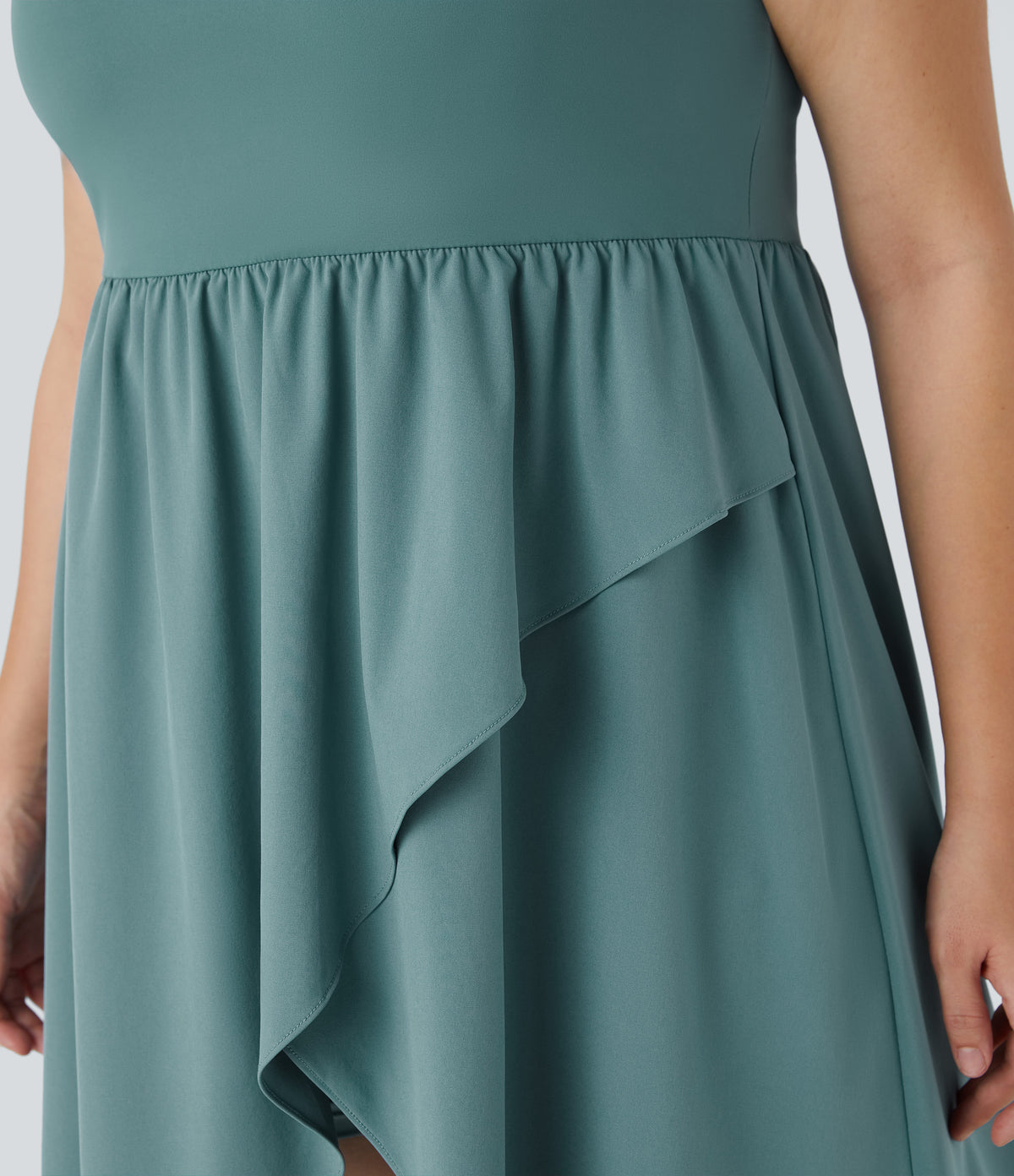 Backless Asymmetric Crossover Hem 2-Piece Side Pocket Flowy Midi Quick Dry Casual Plus Size Dress — Stone Blue — view 5