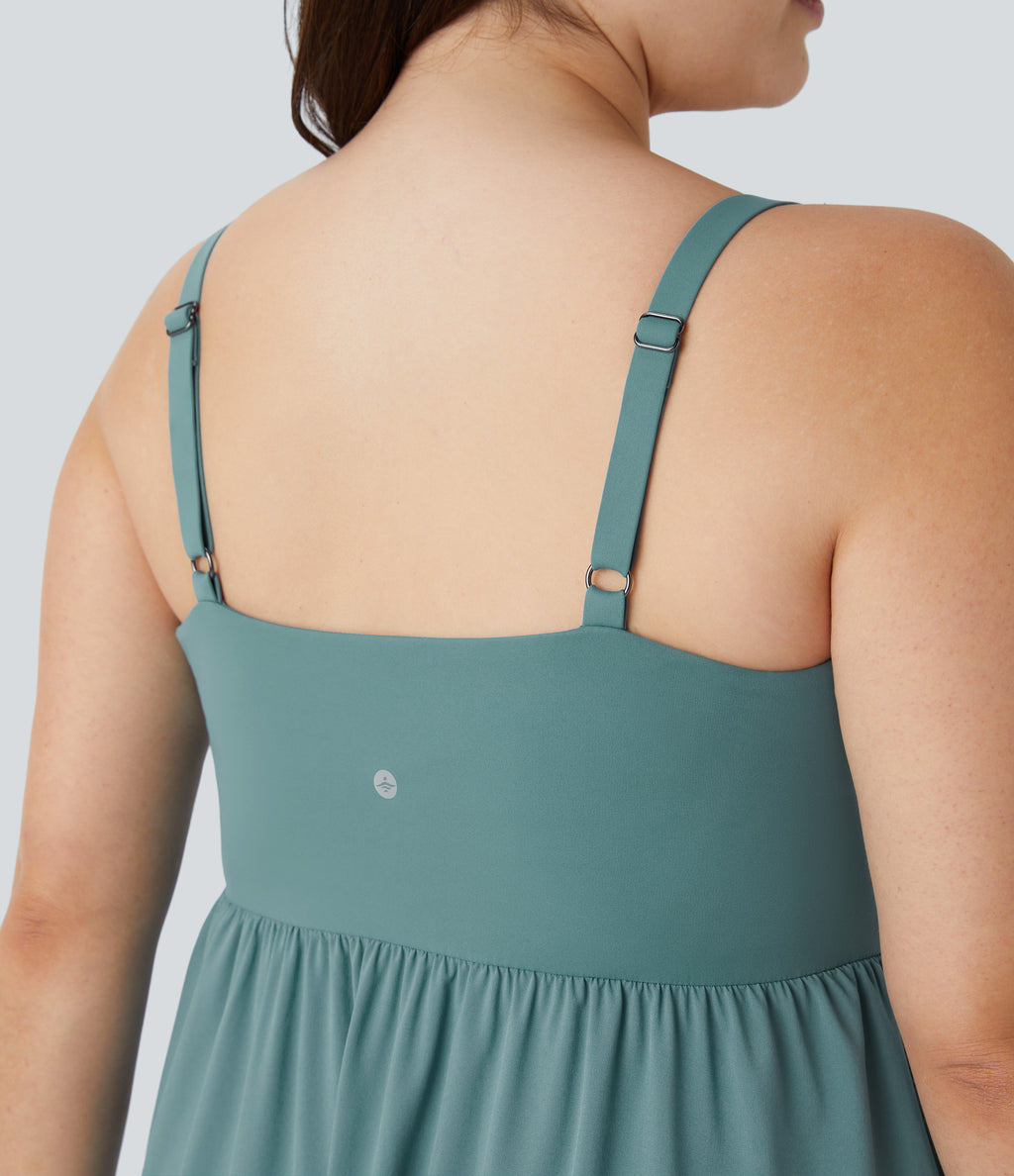Backless Asymmetric Crossover Hem 2-Piece Side Pocket Flowy Midi Quick Dry Casual Plus Size Dress — Stone Blue — view 4