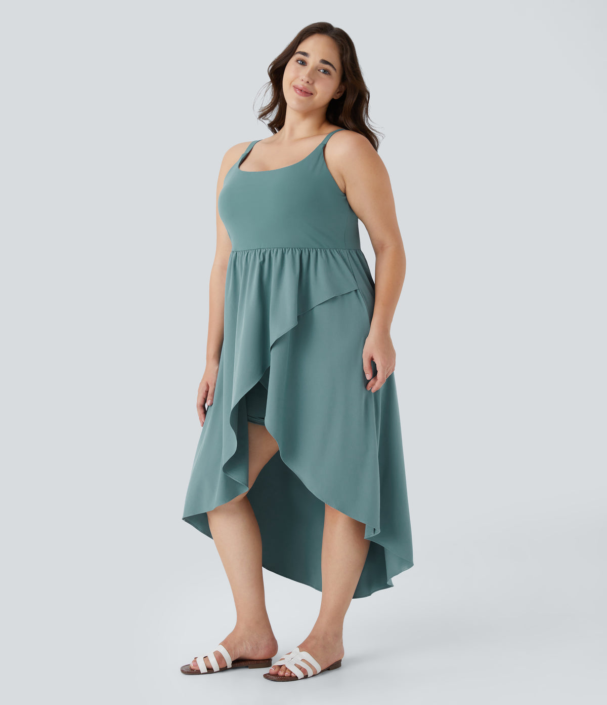 Backless Asymmetric Crossover Hem 2-Piece Side Pocket Flowy Midi Quick Dry Casual Plus Size Dress — Stone Blue — view 3