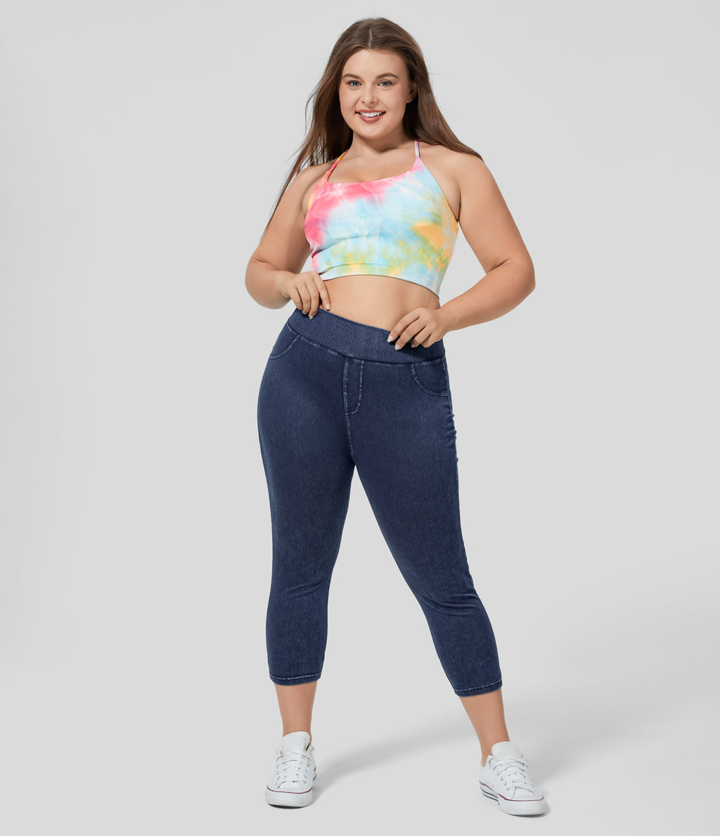 High Waisted Pocket Denim Capri Plus Size Casual Leggings — Washed Denim Navy Blue — view 7