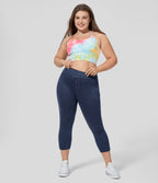 High Waisted Pocket Denim Capri Plus Size Casual Leggings — Washed Denim Navy Blue — view 7