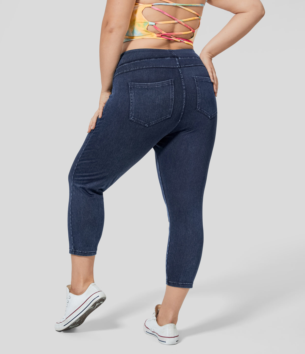 High Waisted Pocket Denim Capri Plus Size Casual Leggings — Washed Denim Navy Blue — view 1