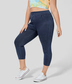 High Waisted Pocket Denim Capri Plus Size Casual Leggings — Washed Denim Navy Blue — view 3