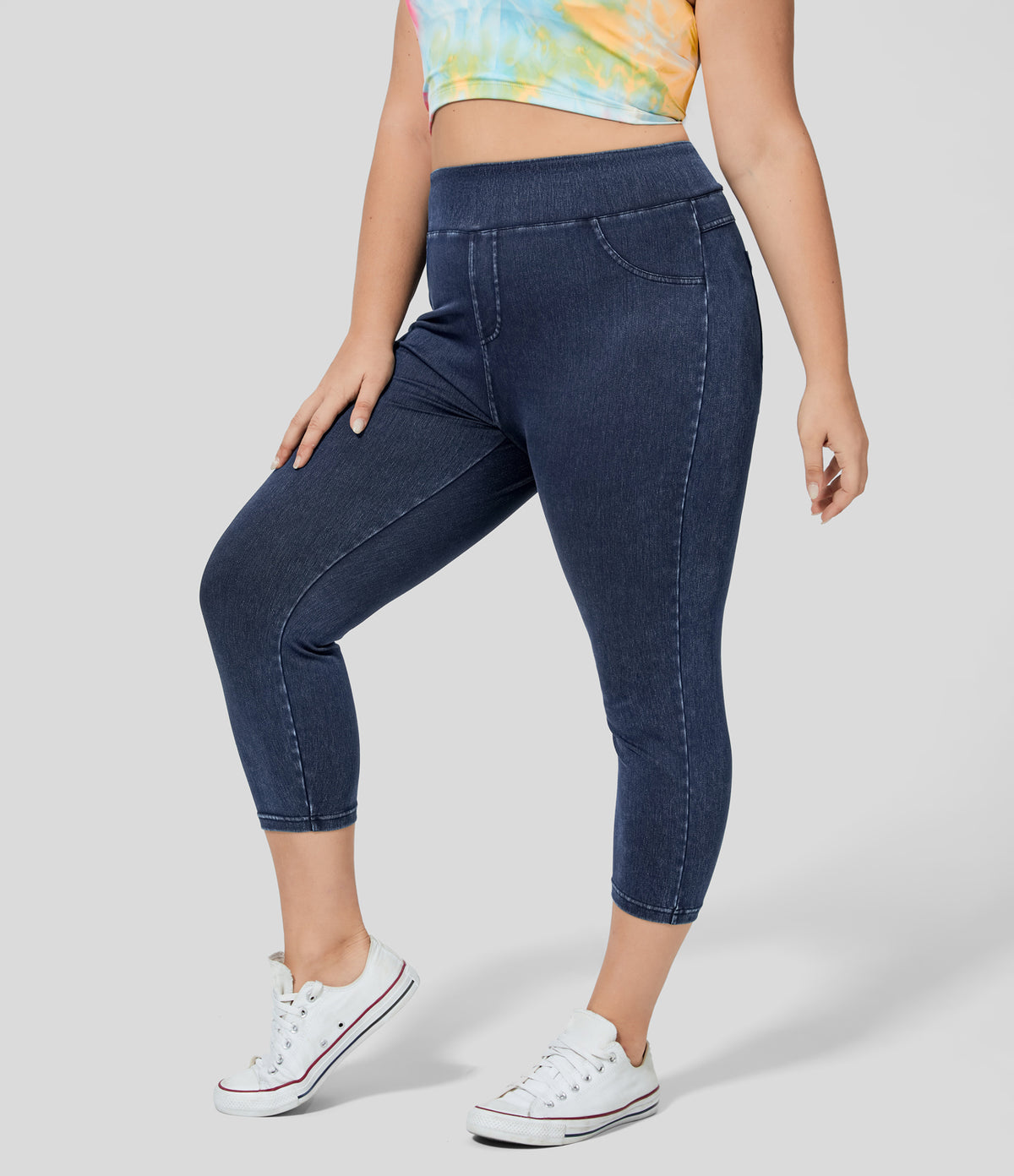 High Waisted Pocket Denim Capri Plus Size Casual Leggings — Washed Denim Navy Blue — view 3