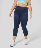 High Waisted Pocket Denim Capri Plus Size Casual Leggings — Washed Denim Navy Blue — view 2