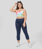 High Waisted Pocket Denim Capri Plus Size Casual Leggings — Washed Denim Navy Blue — view 6