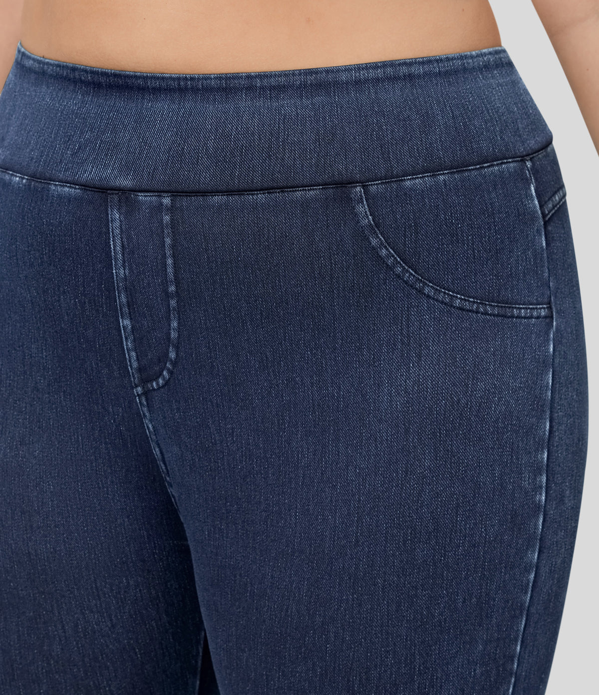 High Waisted Pocket Denim Capri Plus Size Casual Leggings — Washed Denim Navy Blue — view 4