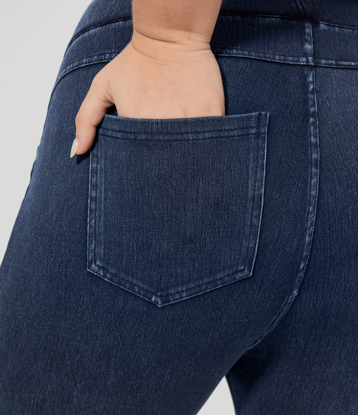 High Waisted Pocket Denim Capri Plus Size Casual Leggings — Washed Denim Navy Blue — view 5