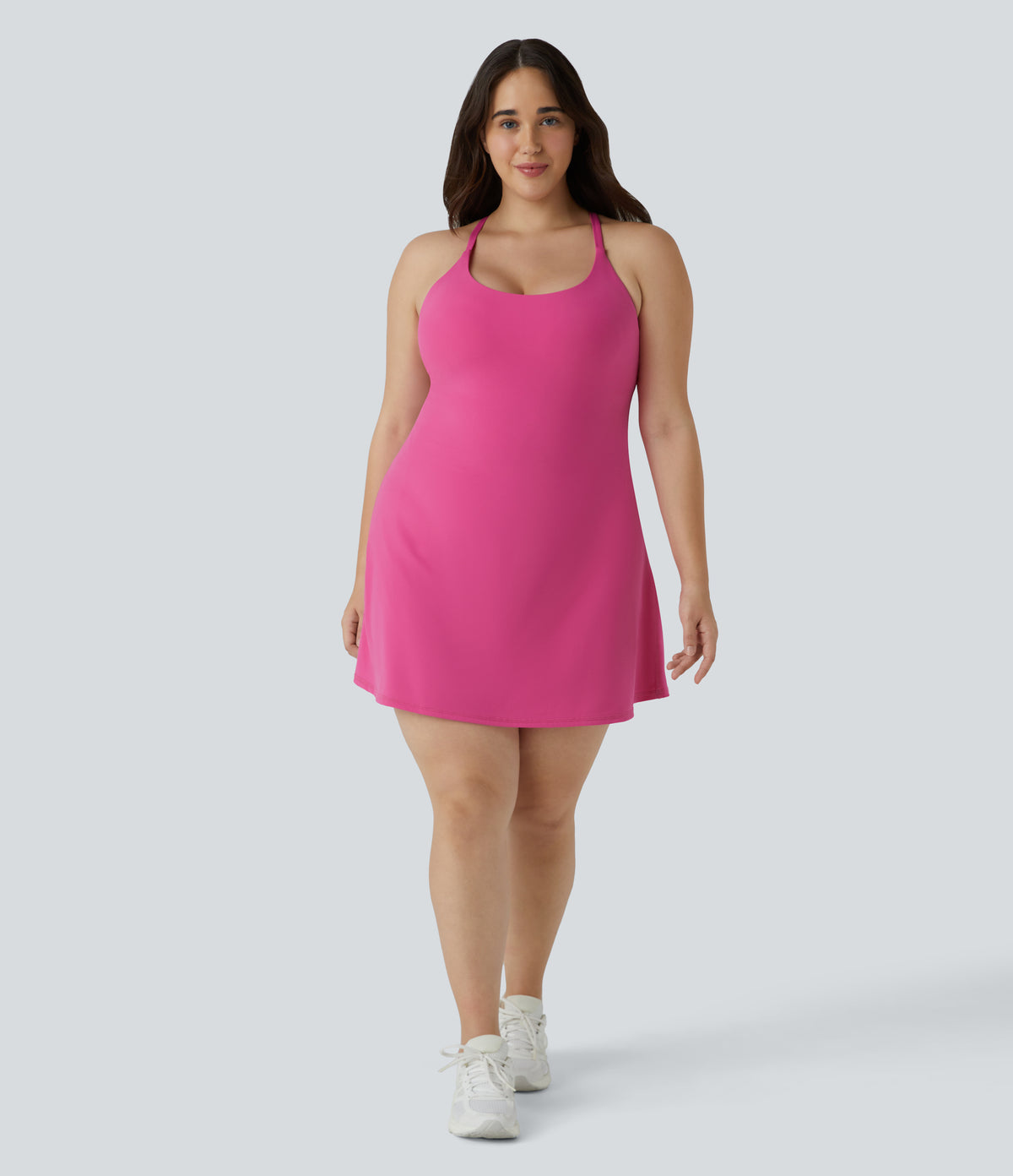 Everyday Plush Backless 2-in-1 Flare Workout Plus Size Dress-Wannabe — Fuchsia Purple — view 7
