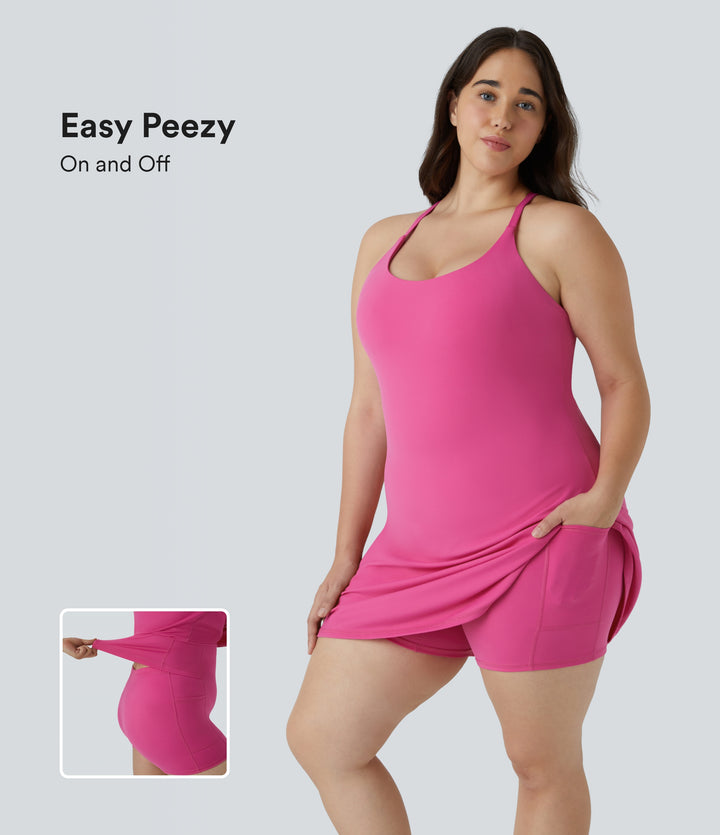 Everyday Plush Backless 2-in-1 Flare Workout Plus Size Dress-Wannabe — Fuchsia Purple — view 1