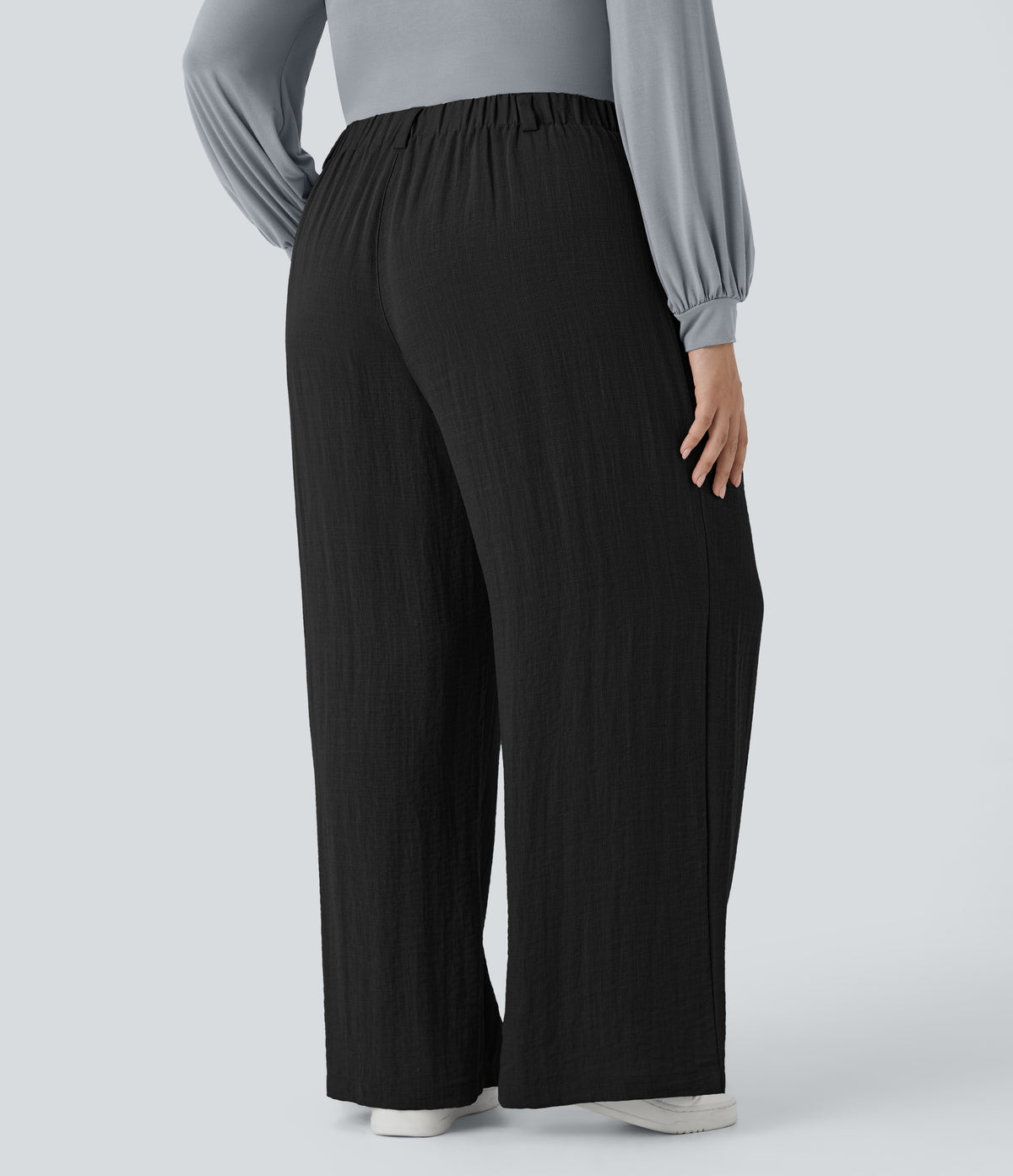 High Waisted Pocket Wide Leg Flowy Casual Linen-Feel Plus Size Trousers — Black — view 2