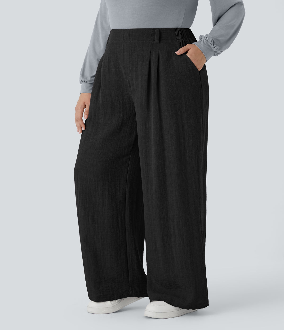 High Waisted Pocket Wide Leg Flowy Casual Linen-Feel Plus Size Trousers — Black — view 3