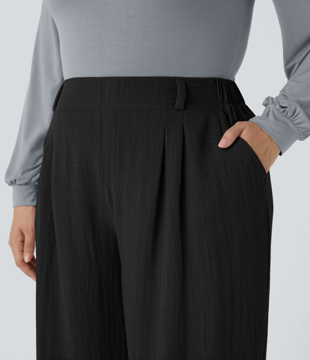 High Waisted Pocket Wide Leg Flowy Casual Linen-Feel Plus Size Trousers — Black — view 5