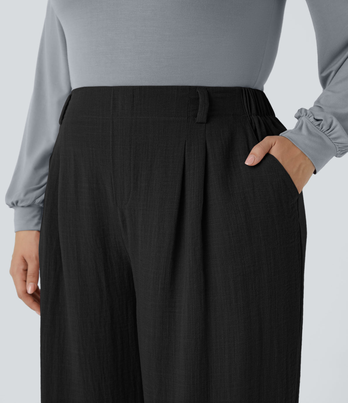 High Waisted Pocket Wide Leg Flowy Casual Linen-Feel Plus Size Trousers — Black — view 5