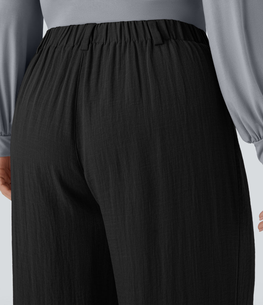 High Waisted Pocket Wide Leg Flowy Casual Linen-Feel Plus Size Trousers — Black — view 4